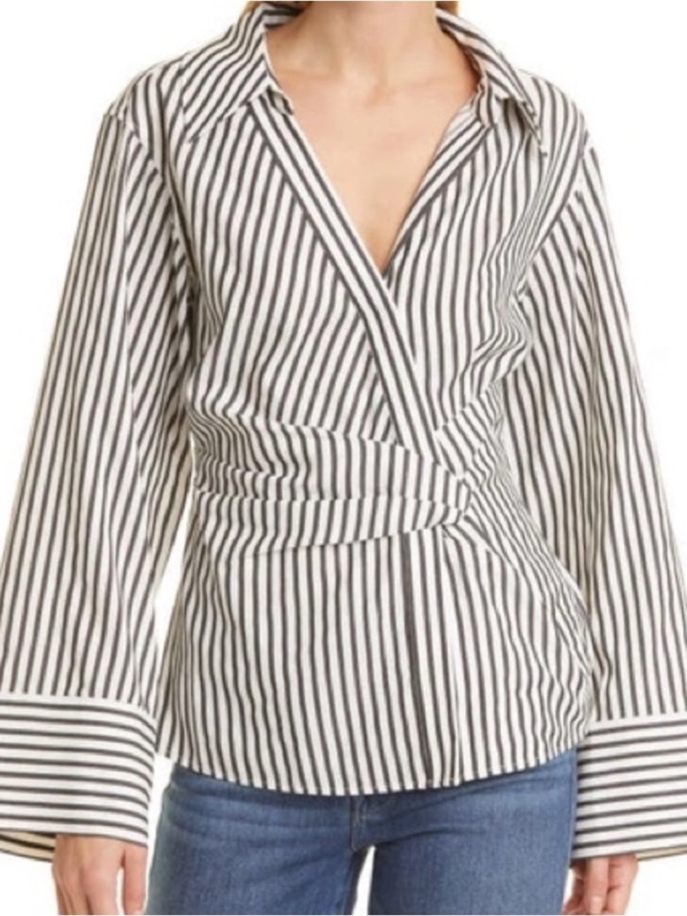 Frame Denim Draped Wrap Shirt in Noir Stripe Small $237